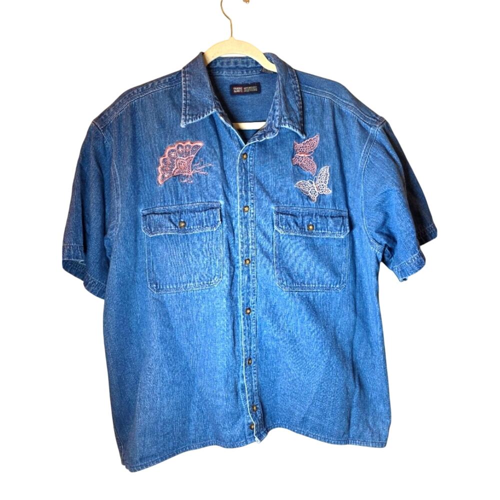 Vtg 90s Butterfly Floral Embroidered Short Sleeve Denim Shirt Heritage Boho L